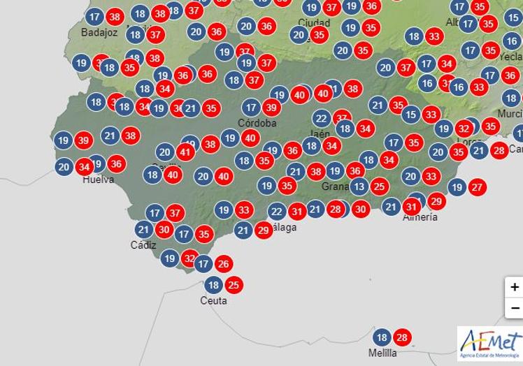 Mapa con las temperaturas previstas en Andalucía para el próximo jueves, con picos de 41 grados.