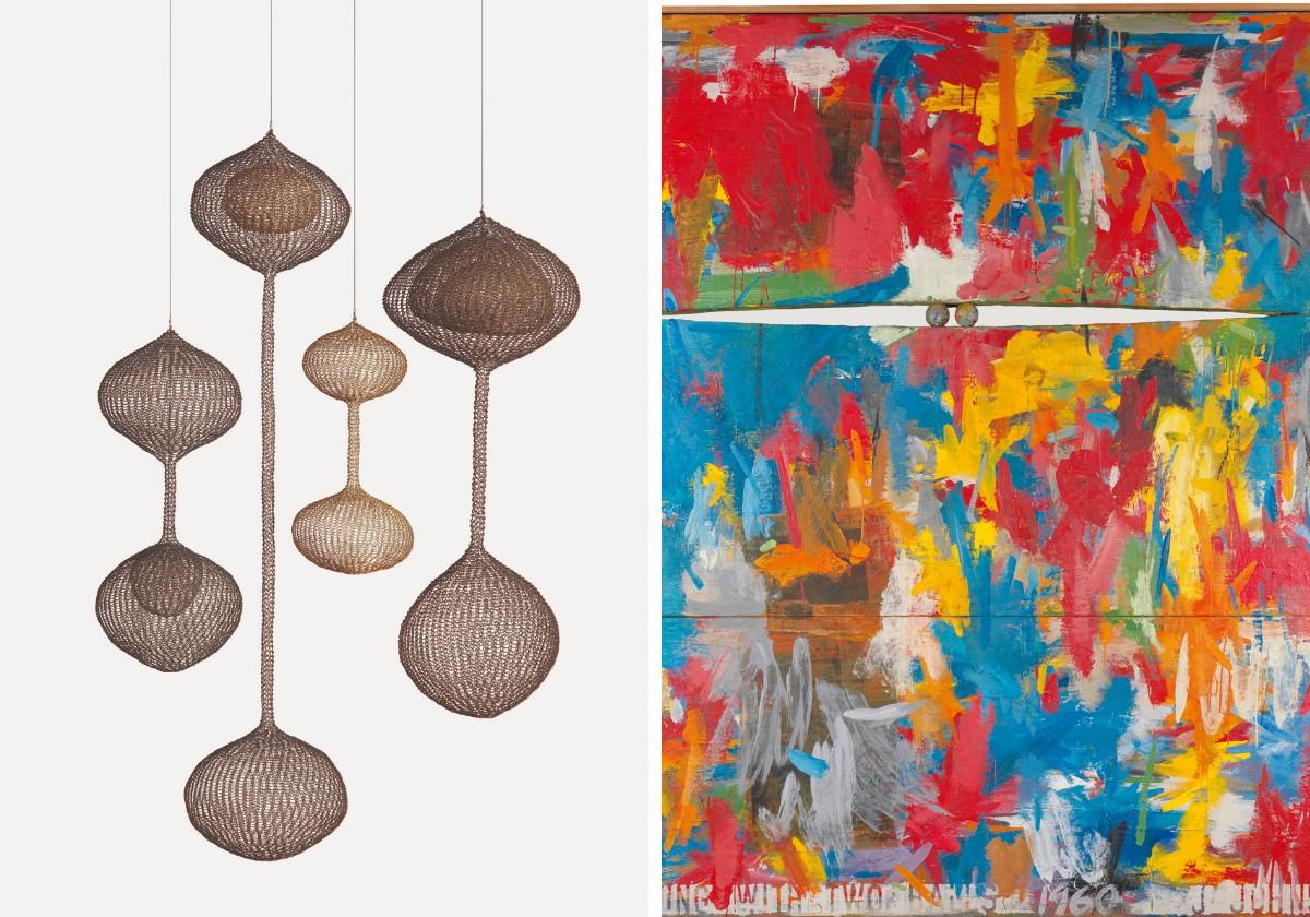 Las esculturas flotantes de Ruth Asawa, 'Sin título, 1961', y 'Pintura con dos bolas, 1960', de Jasper Johns.