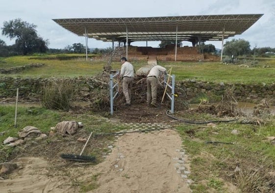 Operarios de la Mancomunidad de La Serena limpian el acceso al yacimiento de Cancho Roano.