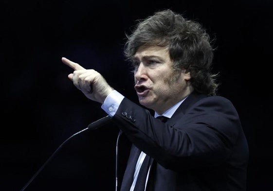 Javier Milei, presidente de Argentina, este domingo durante su discurso en la plaza madrileña de Vistalegre